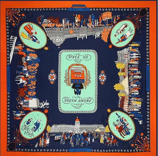 New Arrival Brand Shawl 100% Twill Silk Scarf Working in Paris 130cm Square Scarves Print Kerchief Bandana Woman Headband Hijab 3