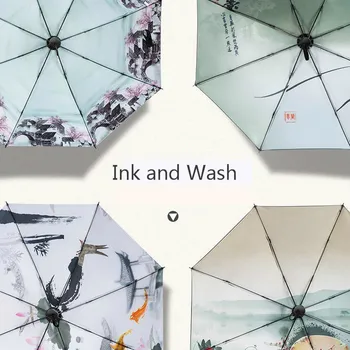 

Artistic Painting Umbrella Rain Women Dual Purpose Foldable Blacking coating Sunshade Parasol Fold Chinese Ink Painting Gift