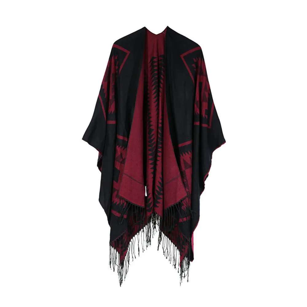 Wine Red Зимняя женская шаль, кардиган, свитер, пальто, Богемия, кисточка, вязанная верхняя одежда, негабаритный вязаный кашемировый пончо, куртка 9,7 - Цвет: Wine Red