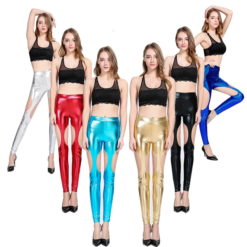 

2019 Spring New PU Imitation Leather Hollow Leggings Wear Large Size Feet Pants