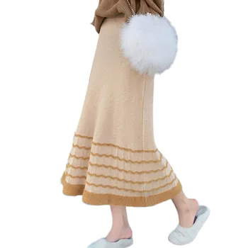 

Elastic Waist Patchwork Flocking Knitted Women Long Skirt Autumn Winter 2019 Elegant Vintage Harajuku Skirts Casual Falda Saia