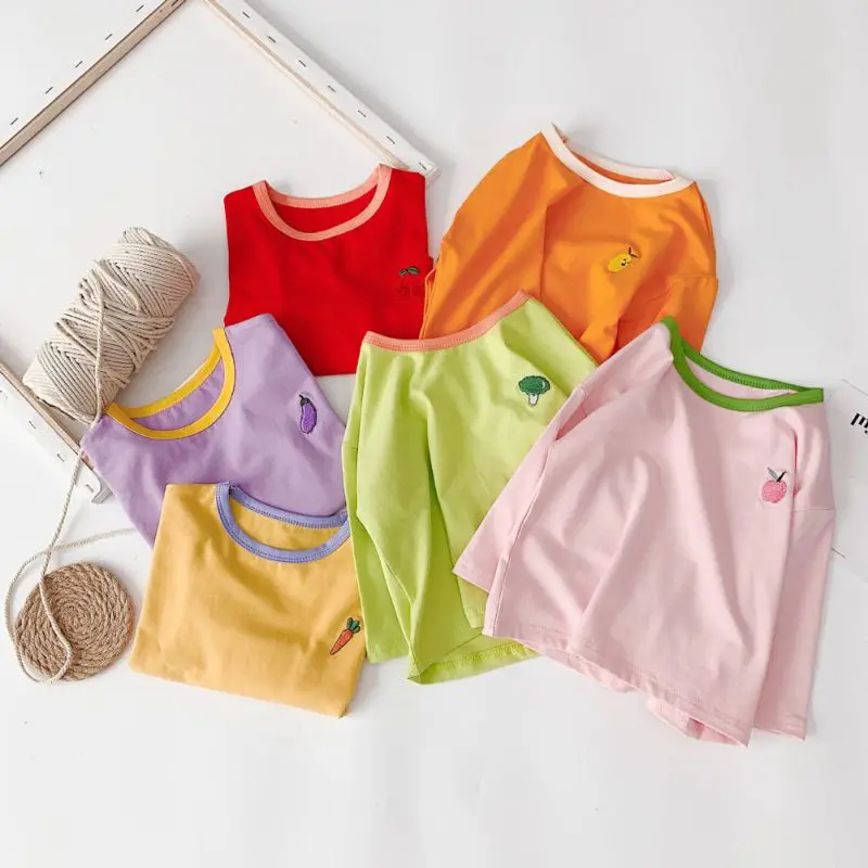 

Children Autumn Cute Cute Fruit Embroidery Wear Round Collar Long Sleeved Cotton Casual T-Shirt