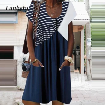 

Women Elegant O Neck Sleeveless Party Dress Summer Casual Striped Print Patchwork Dress 5XL Vintage Polka Dot Dresses Vestidos