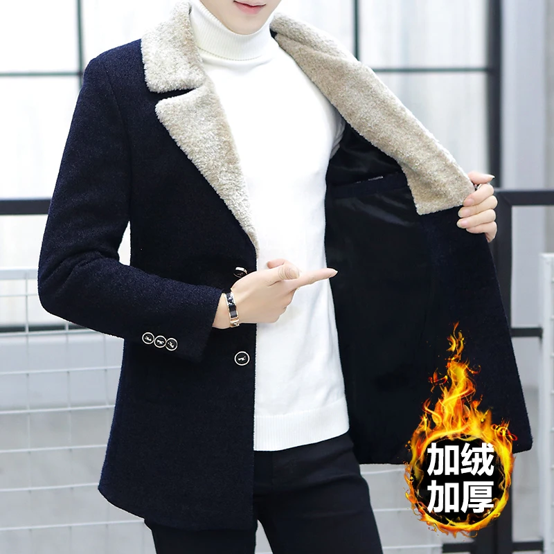 Mens Wool Blends Overcoat Fur Lining Thick Warm Trench Coat Lapel Winter Wear Single Breasted T160