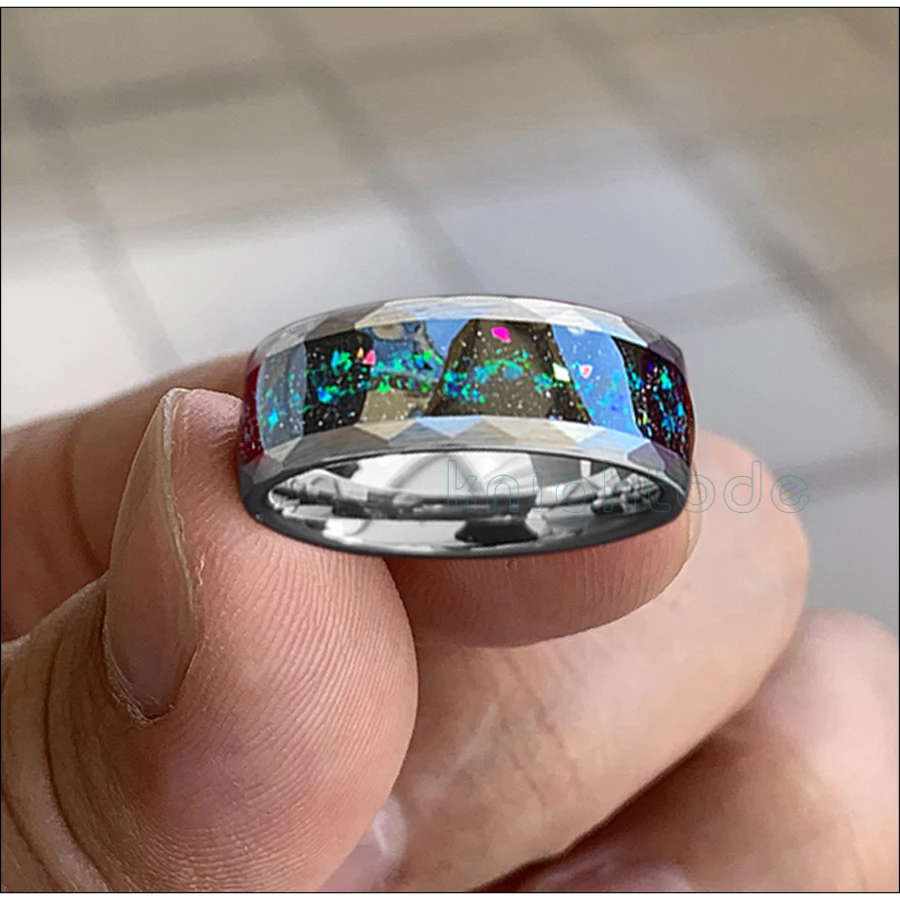 8mm Hammered Tungsten Carbide Rings Galaxy Series Opal Inlay For Man Women Wedding Bands Silvery Facets Brushed Comfort Fit 8mm Hammered Tungsten Carbide Rings Galaxy Series Opal Inlay For Man Women Wedding Bands Silvery Facets Brushed Comfort Fit