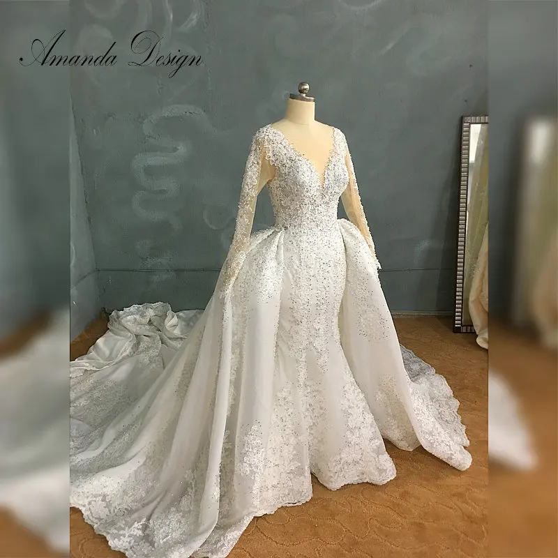 Аманда дизайн robe de mariee grande шлейф с длинными рукавами кристаллы для свадебного платья со съемной юбкой