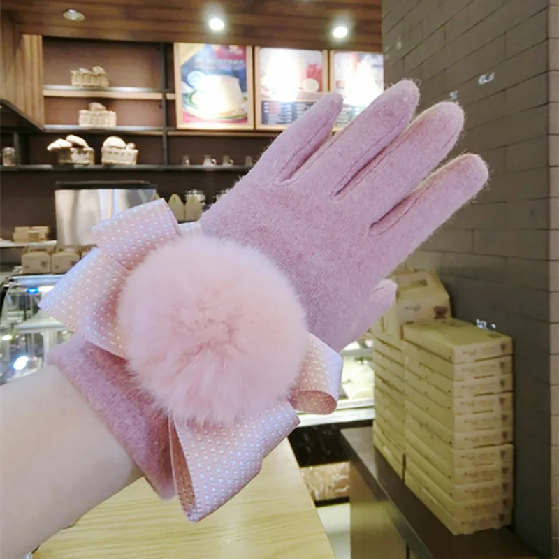 Cashmere Gloves with Rabbit Fur Ball Women Winter Gloves Bow Korean Ladies Touch Screen Mitten Bowknot Full Finger Warm Mittens