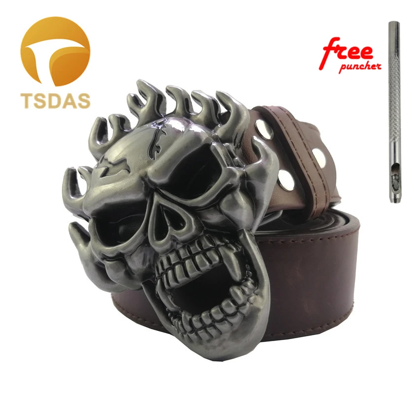 Men Fire Skull Belt Buckle with Metal Silver Vintage Finish Width Western Cool Punk Rock Style Boy's Birthday Gift | Дом и сад