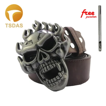 

Men Fire Skull Belt Buckle with Metal Silver Vintage Finish Width Western Cool Punk Rock Style Boy's Birthday Gift