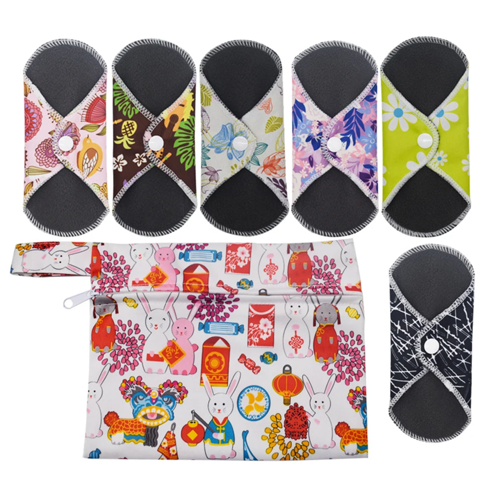 6Pcs/Set bamboo charcoal menstrual Reusable Pads Women Waterproof Cloth Sanitary Towel Washable Panty Liner with Storage Bag