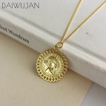 

DAIWUJAN Original 925 Sterling Sliver Gold Portrait Coin Chain Necklaces For Women Hollow Flower Pendant Necklace Jewelry 2019