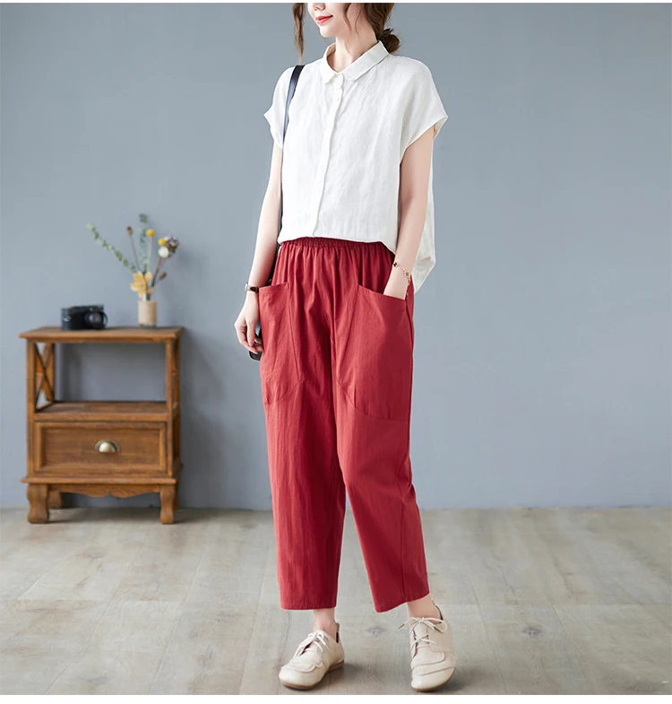 All-match High Waist Harem Pants 2021 New Arrival Thin Cotton Linen Loose Summer Casual Pants Pockets Office Lady OL Work Pants khaki pants