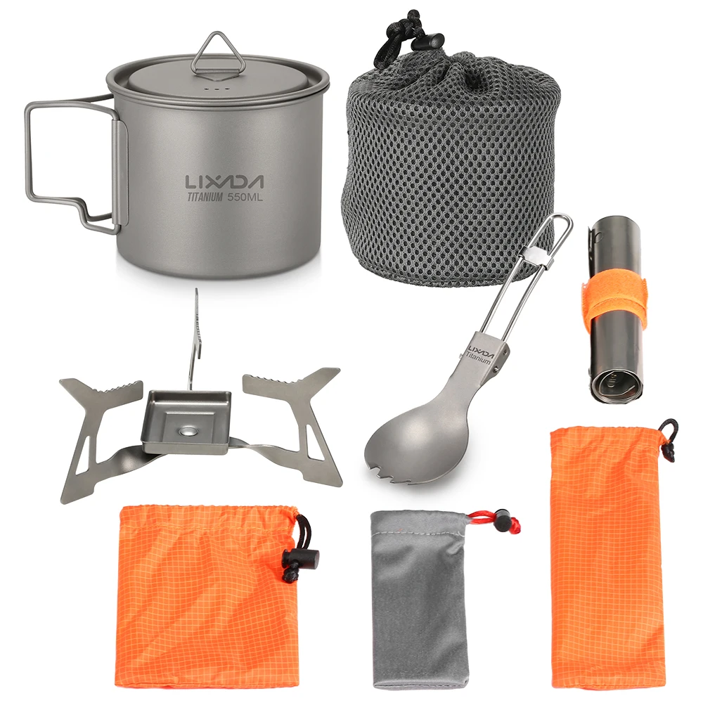 

Lixada 4pcs Camping Titanium Cookware Portable Set Stove Spork Spoon Windshield for Outdoor Hiking Burning with Cup Folding