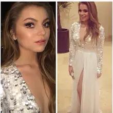Сексуальное Белое платье для выпускного вечера с v-образным вырезом, вечерние платья знаменитостей с разрезом до бедра, топ с блестками и длинным рукавом, вечерние платья vestidos