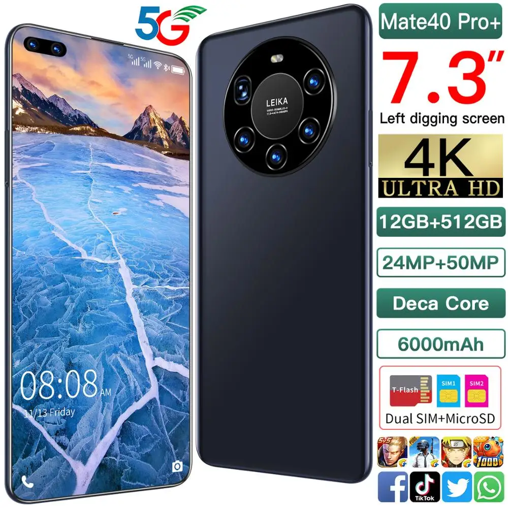Global Version HUAWE Mate40 Pro+ Smartphone 7.3 Inch Full Screen Deca Core 6000mAh 12GB 512GB 4G LTE 5G Network Mobile Phone