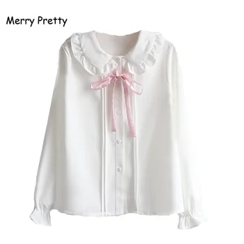 White Chiffon Shirt with Pink Bowknot Collar Uniform 1