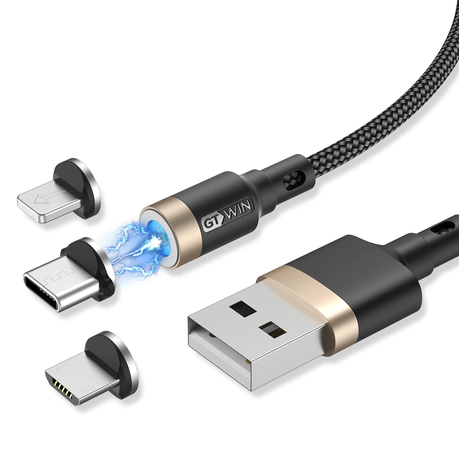 GTWIN Магнитный Micro usb type-C кабель для iPhone Xiaomi Android мобильный телефон Быстрая зарядка USB кабель магнит зарядное устройство провод шнур 3A - Цвет: Gold Micro 3 Plugs