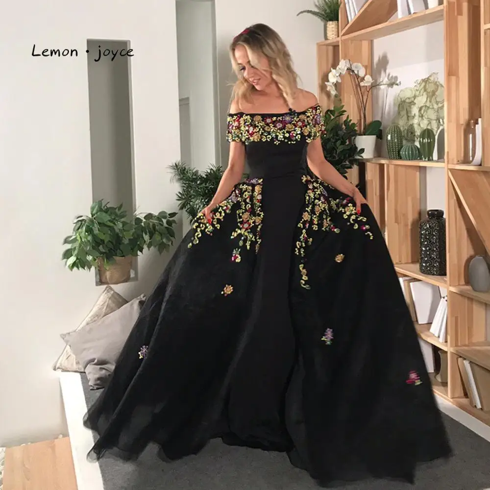 Lemon joyce черные вечерние платья Длинные с элегантным съемным воротником вечерние платья для выпускного вечера размера плюс Дубай Арабский халат De Soiree