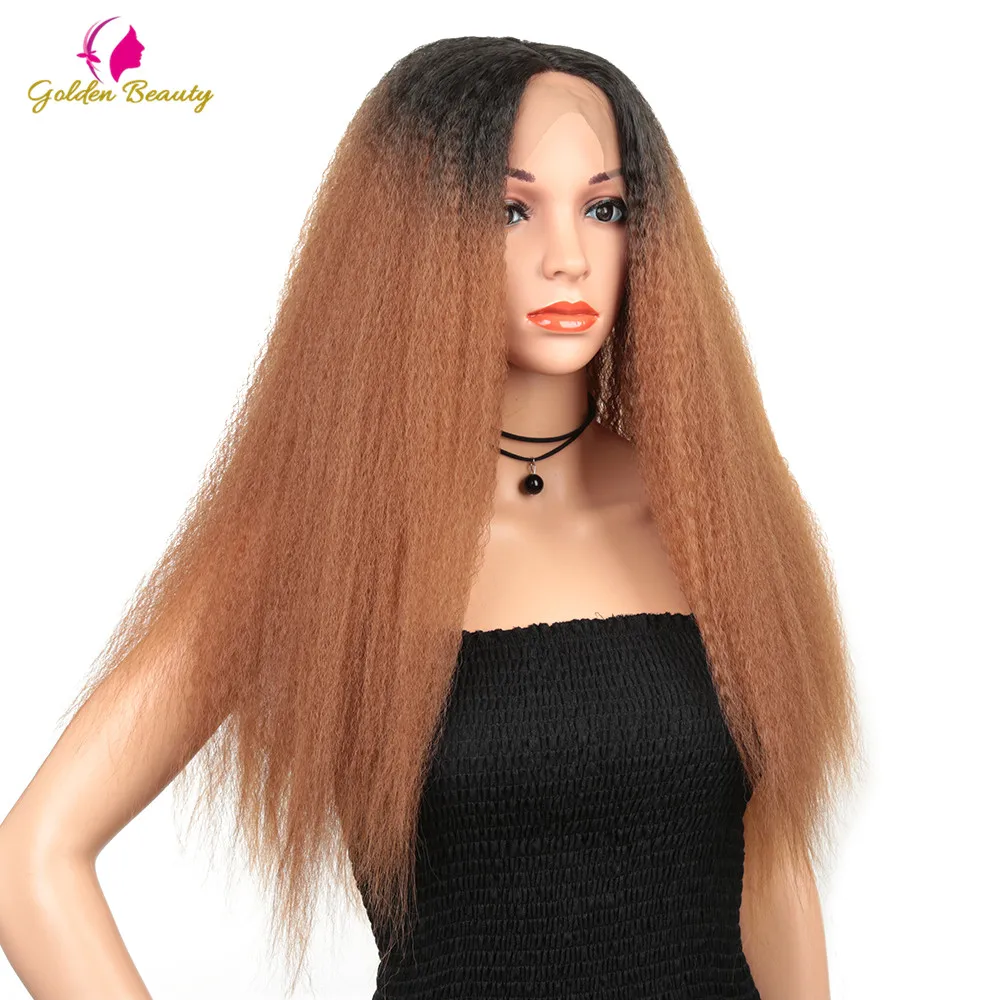 Золотой красота 28 дюймов длинные афро кудрявые прямые парики синтетические волосы Yaki прямой парик жаропрочные для женщин