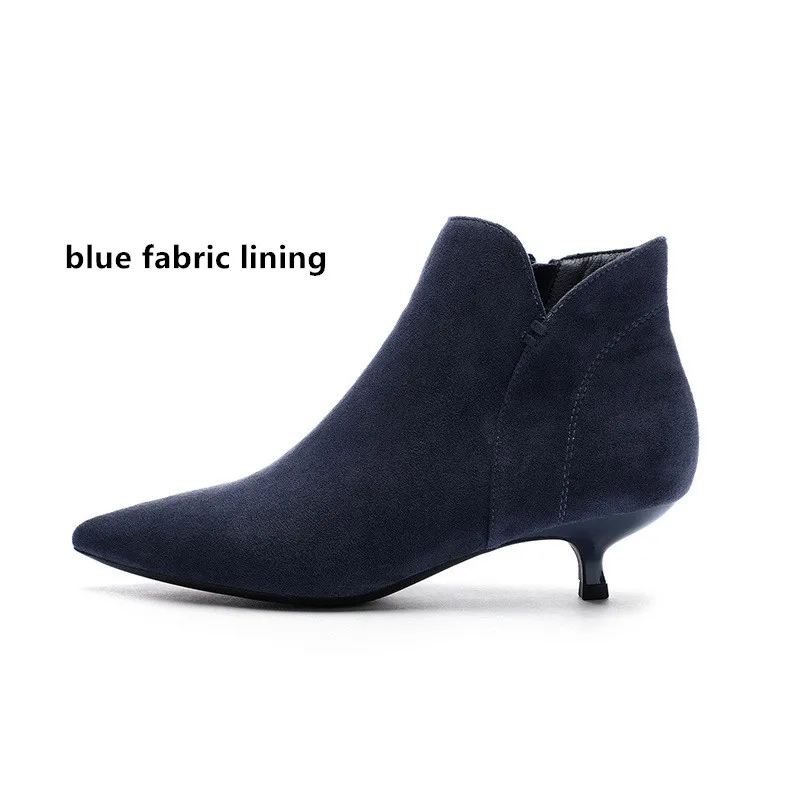 blue fabric2 Для женщин ботинки женская зимняя обувь, с маленьким котиком, высокий тонкий каблук острый носок ботильоны зимние сапоги, одноцветные, из флока черного цвета с резиновой подошвой - Цвет: blue fabric2