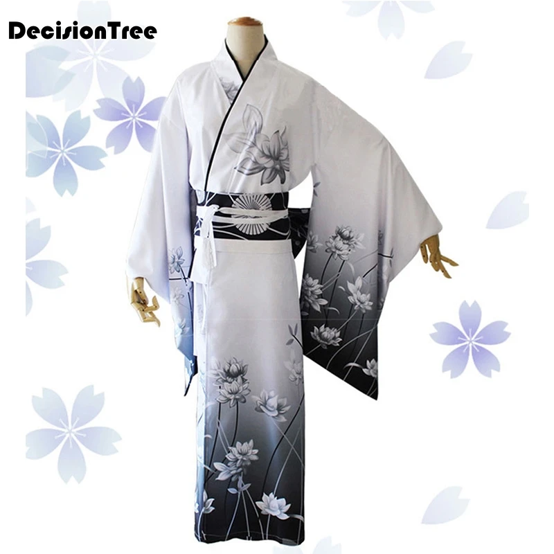 

2019 vintage japanese women long robe traditional kimono geisha yukata with obi floral elegant lady evening dress cosplay costum