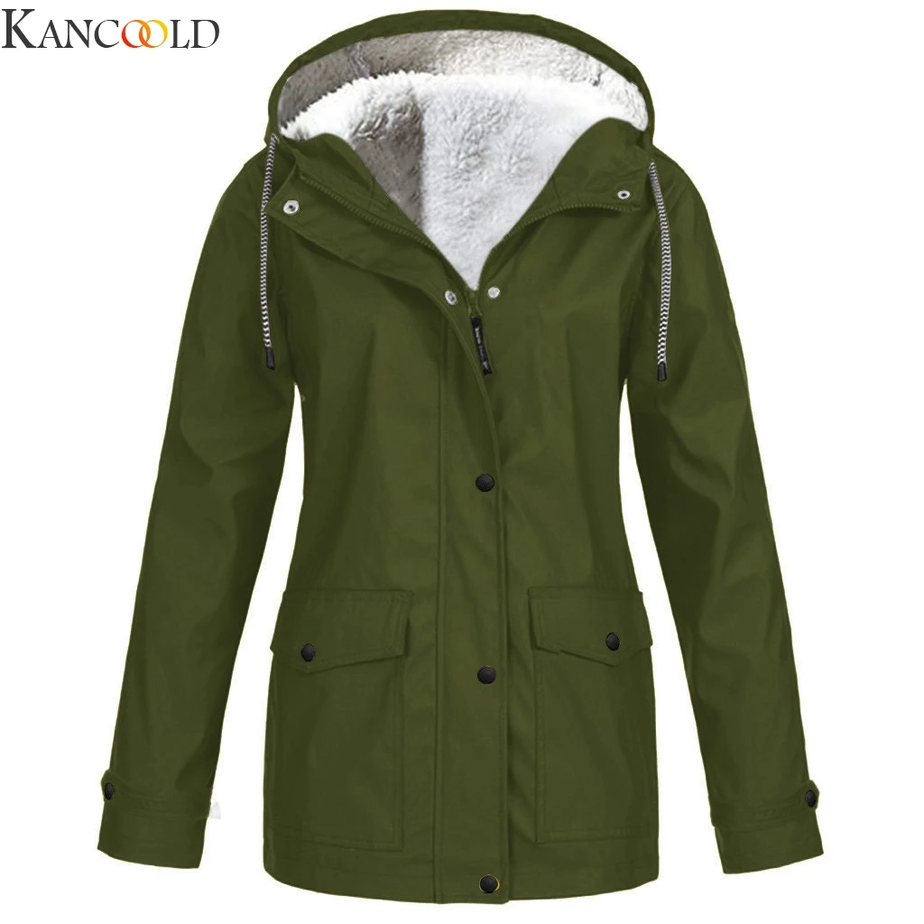 KANCOOLD, женская верхняя одежда с длинным рукавом, пальто, хлопок, Бомбер, армейский зеленый, зимняя куртка, на молнии, теплый спортивный костюм, флис, с капюшоном, однотонный, теплый
