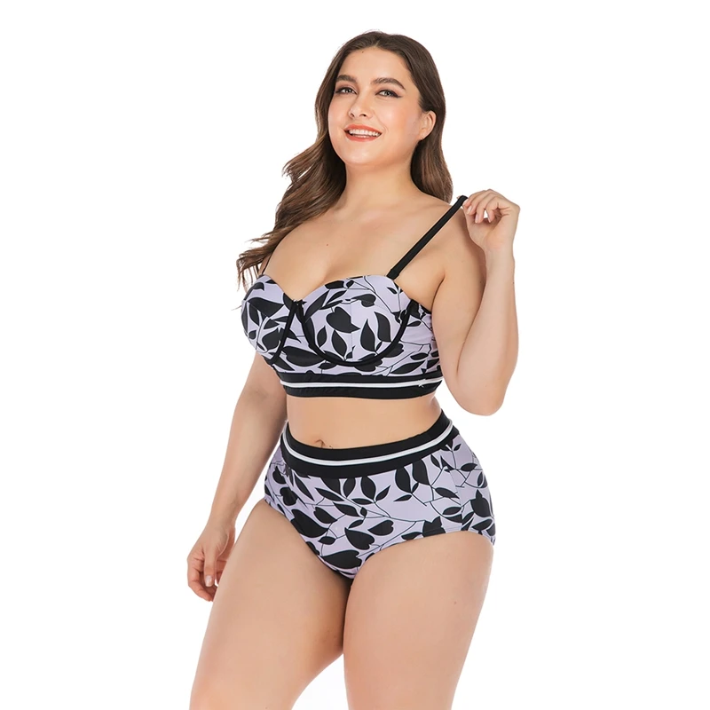 

Women Tankini Leaves Printed Strappy High Waist Big Size Swimwear Bikini Top Bottom Lady Plus Size Swimsuit Swimming Suits