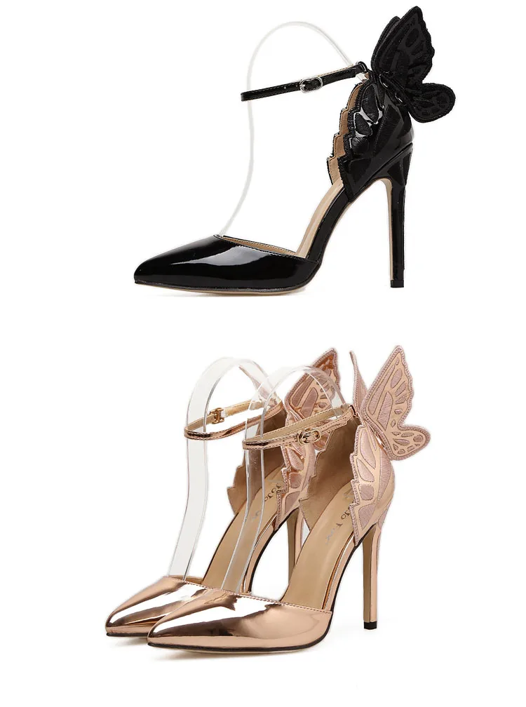 Модные женские туфли-лодочки с пряжкой и ремешком в виде крыльев бабочки; пикантные женские вечерние туфли с острым носком на высоком каблуке; Размеры 35-40