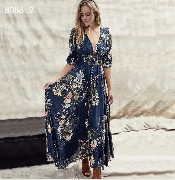 navy blue Длинное богемное платье с цветочным принтом для женщин на весну и лето, рукав три четверти, v-образный вырез, макси платья для женщин, Пляжное праздничное платье - Цвет: navy blue