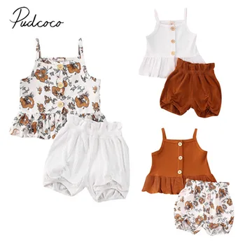 

Pudcoco Summer Newborn Toddler Kids Baby Girl 2Pcs/Set Clothes Sleeveless Vest Tops Dress Flower Shorts Pants Ribbed Outfit 1-5T