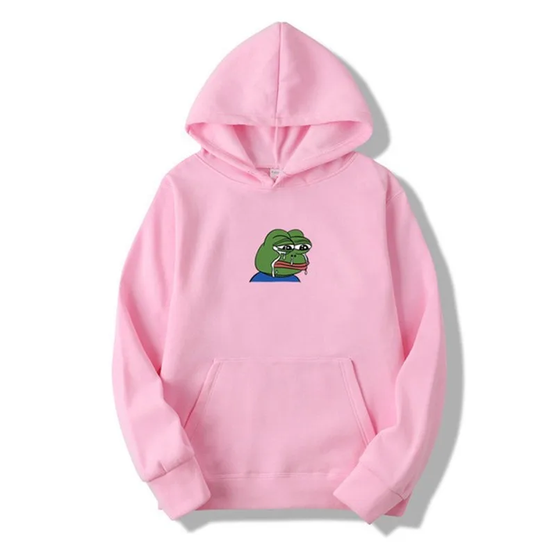 Sad tearing frog Print Hoodies Men Women Sweatshirts New Harajuku Hip Hop Hoodies Sweatshirt Male Japanese Street clothing - Цвет: pink