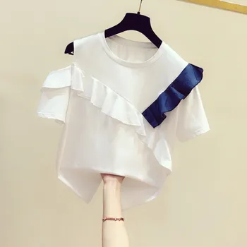 

irregular ruffles women t-shirts 2020 summer new o-neck short-sleeved solid lady elegant pulls outwear tops tees