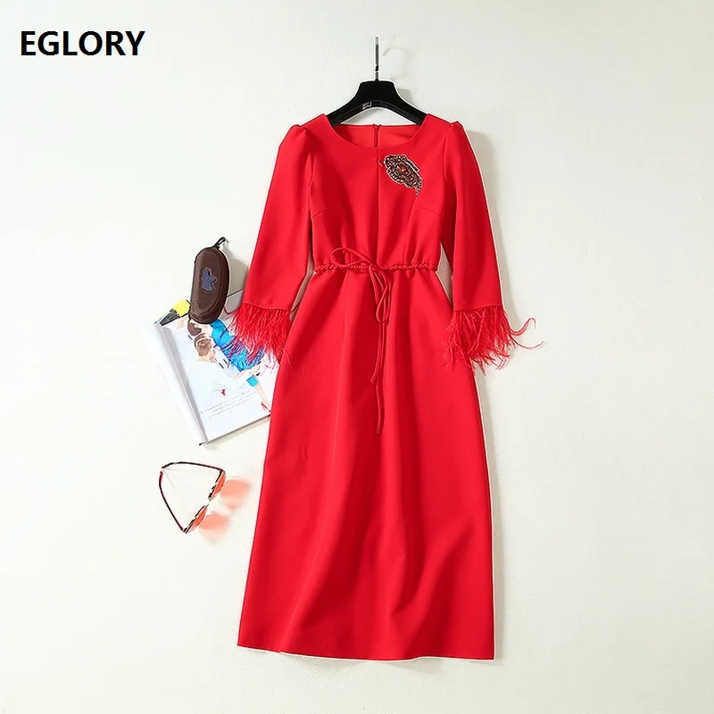 

Elegant Party Red Dresses 2019 Autumn Winter Women Diamond Beading Feather Sleeve Patchwork Mid-Calf Length Gorgeous Dress Novia