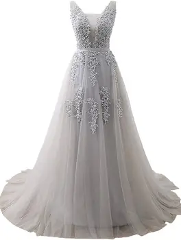 

Evening Dress Long Gowns A-Line/Princess V-Neck Open Back Sweep/Brush Train Tulle Prom Dresses with Appliques/Sashes