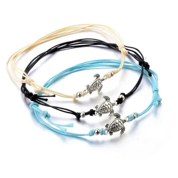 

Boho Beach Turtle Shaped Charm Rope String Bracelet Anklets Hand-woven Turtle Metal Bead Foot Chains Bracelet For Women Jewelry