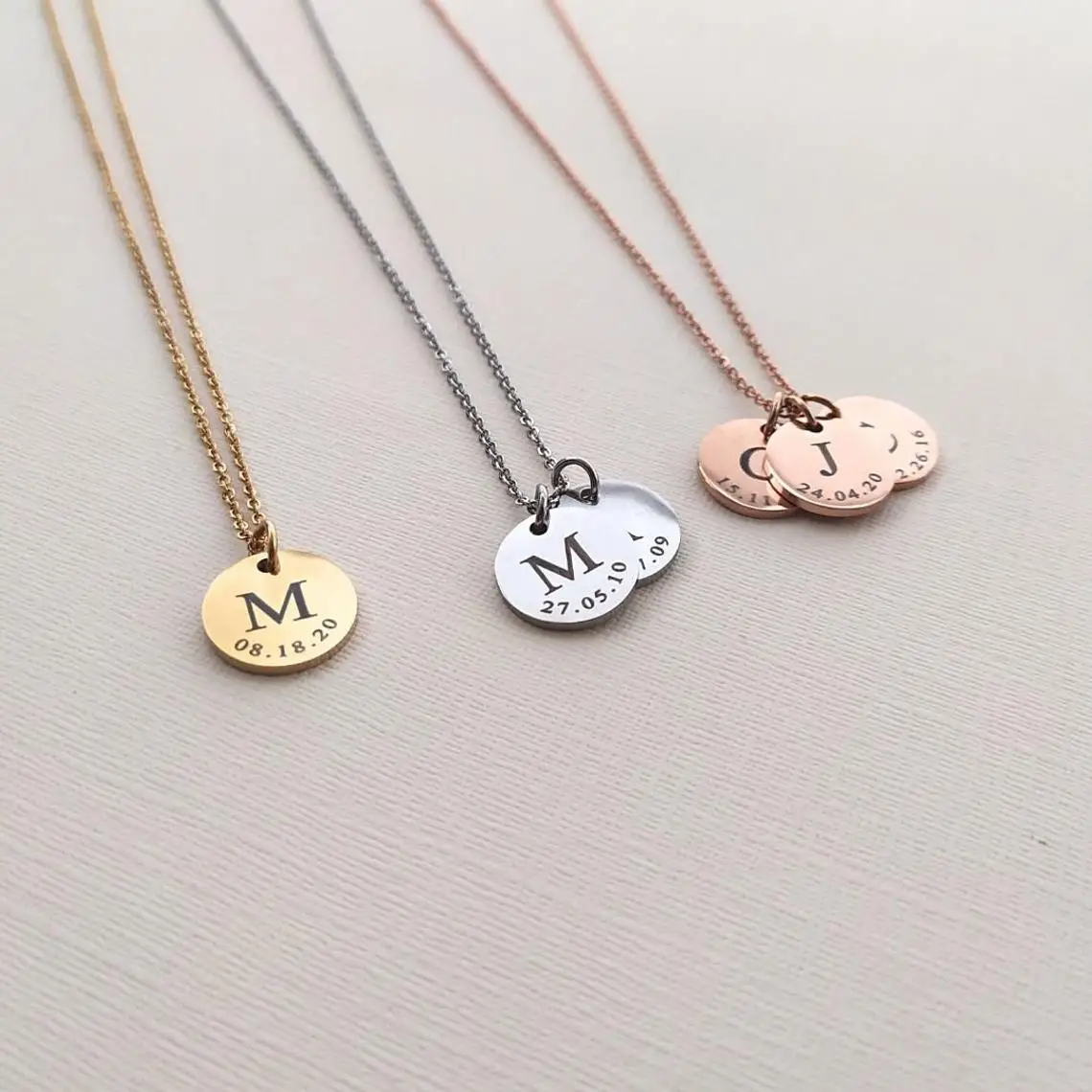 Personalized Initial Date Disc Necklace For Women Dainty Coin Pendant Necklaces Custom Bridesmaid Jewelry  Gift Mum