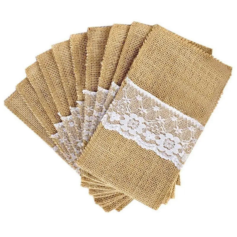 

50 pcs Natural Jute Cutlery Knives and Forks Cutlery Set Silverware Bag Holder Burlap & Lace Party Wedding Decor, 21x11cm