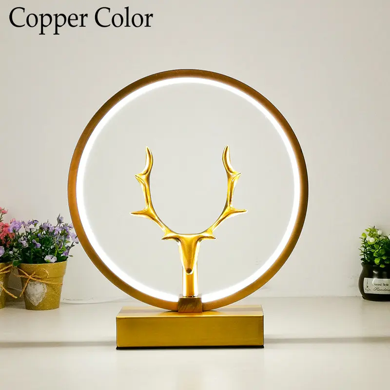 Copper Скандинавское искусство, декоративная настольная лампа, изменяемая яркость, розовый, белый, черный, Круглый прикроватный светильник для спальни, Рогатый олень, теплый белый цвет - Цвет абажура: Copper