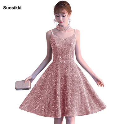 Розовый Горячие продажи Коктейльные Вечерние платья Короткие Vestido de Festa Мини сексуальное платье с аппликацией v-образным вырезом бисером жемчуг - Цвет: Розовый