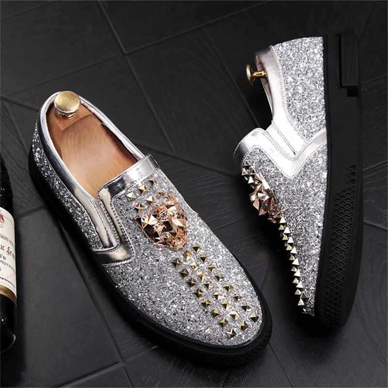 Gold Silver Luxury Men Casual Loafers Slipon Lazy Prom Flats Wedding Party Dress Shoes Sapato Social Masculino