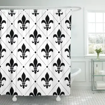 

Stencil French Damask Fleur De Lis Black Pattern Shower Curtain Waterproof Polyester Fabric 72 x 72 Inches with Hooks