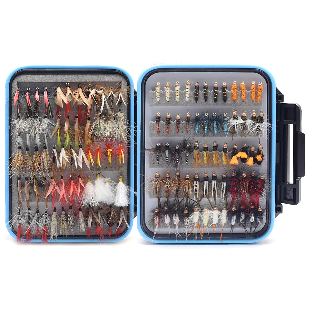 120pcsdryandwetflylureswithflywaterproofboxTroutluresbait