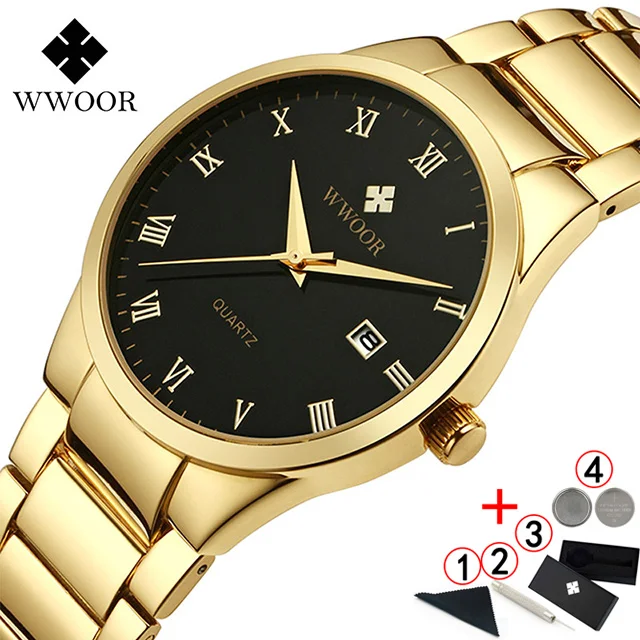 gold black box Мужские часы Топ бренд класса люкс WWOOR золотые синие Бизнес Кварцевые часы мужские водонепроницаемые мужские наручные часы - Цвет: gold black box
