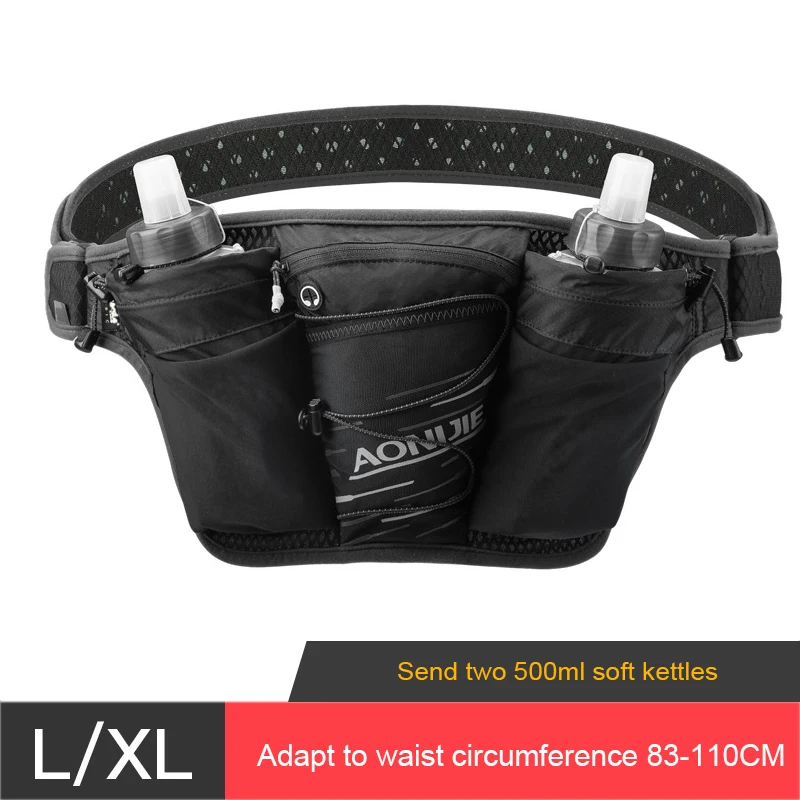 Black L XL Поясная Сумка для бега унисекс для марафона, велосипедная поясная сумка с карманами для хранения с 2 бутылками для воды - Цвет: Black L XL
