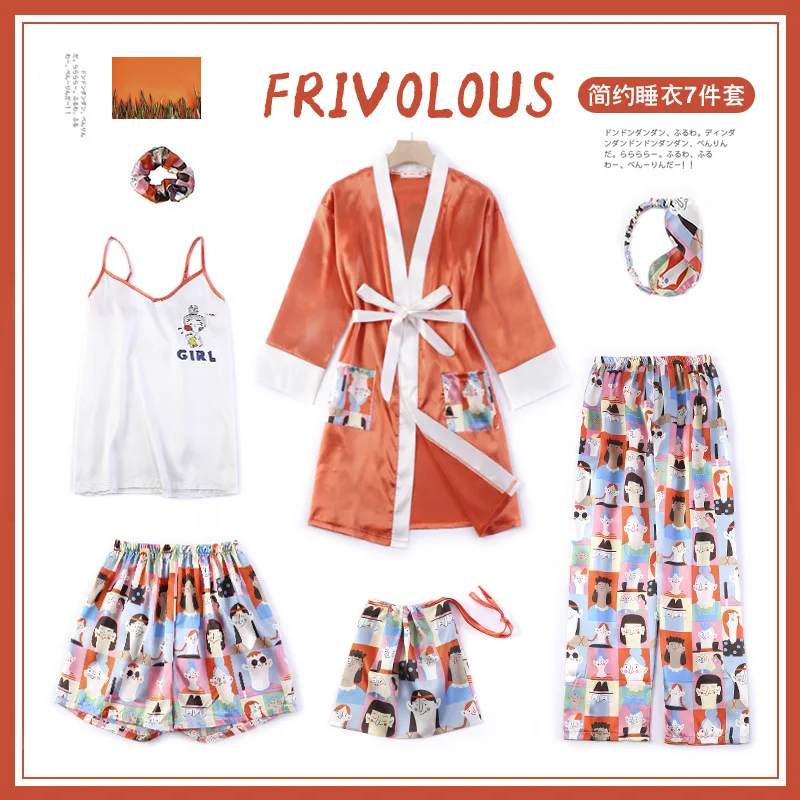 

Three-Seven Sets Imitated Silk Pajamas Women's Spring And Autumn Korean-style Sweet Camisole Sexy Nightgown Homewear Set Summer