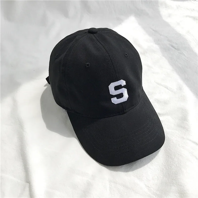 Summer Korean Version S Embroidered Soft Top Baseball Hat Women Vintage Casual Couple Duck Tongue Hat Curved Eaves Adjustable - Color: S black