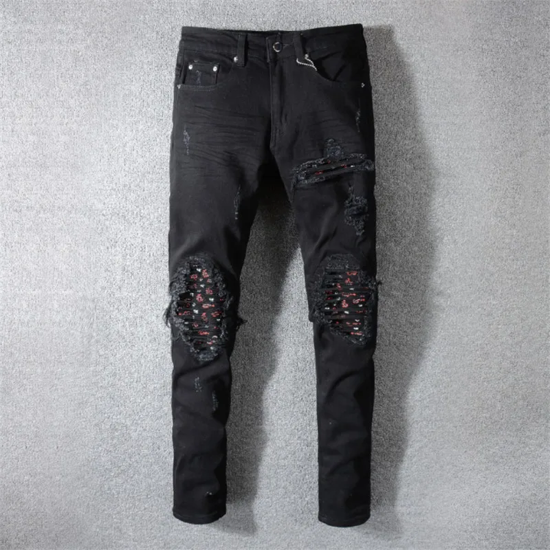 

2019 New arrived Men's Distressed Hollow Out Pants Art Ribs Patches Skinny Black Jeans Slim Trousers Size 28-40