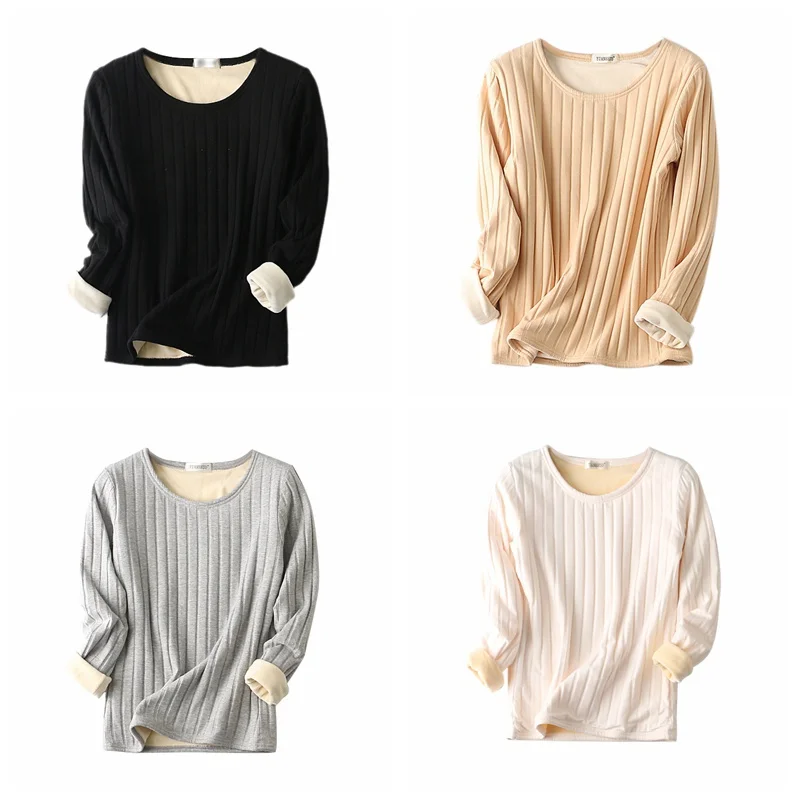 Sexy Slim Solid Underwear Women Winter Velvet Thermal Shirt Female Elegant O-Neck Thick Warm Striped Tops Inner Wear Basic JWHY