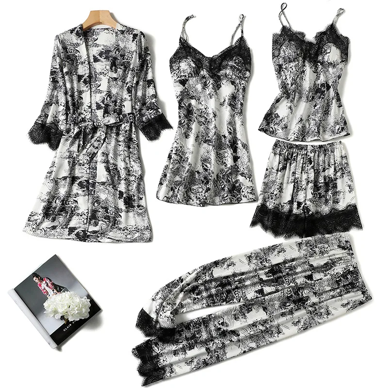 

Printed Flower Sleep Set Satin Sexy 5PCS Pajamas Suit Women Lace Robe&Suspender Nightdress&Sling&Shorts Loose Home Clothes