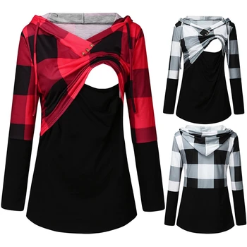 

Pregnant Women Hoodie Tops Maternity Blouse Plaid Hooded Nursing Sweatshirts For Breastfeeding Woman Spring Warm Casual Clothes